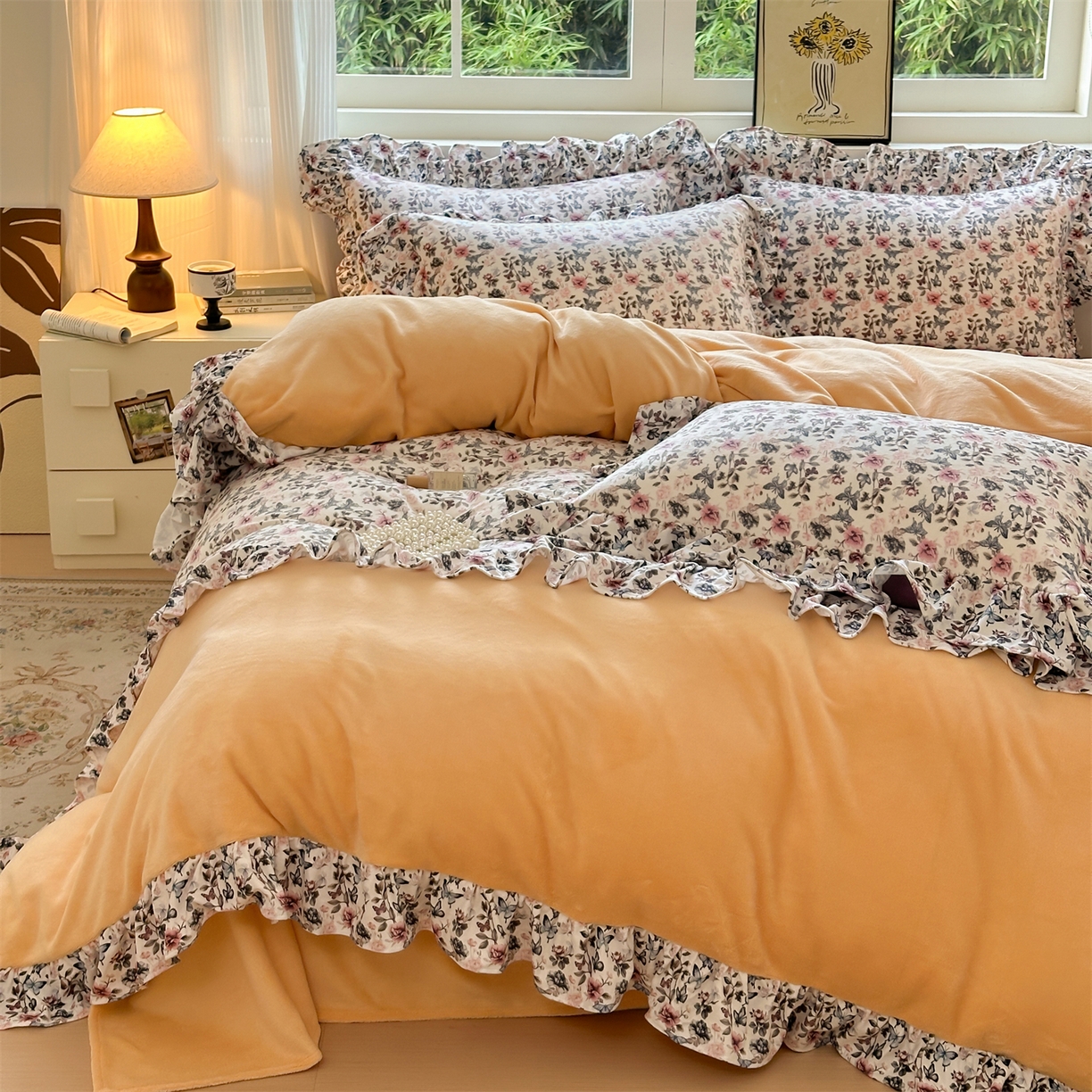 91家纺网 家纺一手货源 找家纺 （总）兰紫橙家纺 2025新款印花花边款牛奶绒宝宝绒四件套