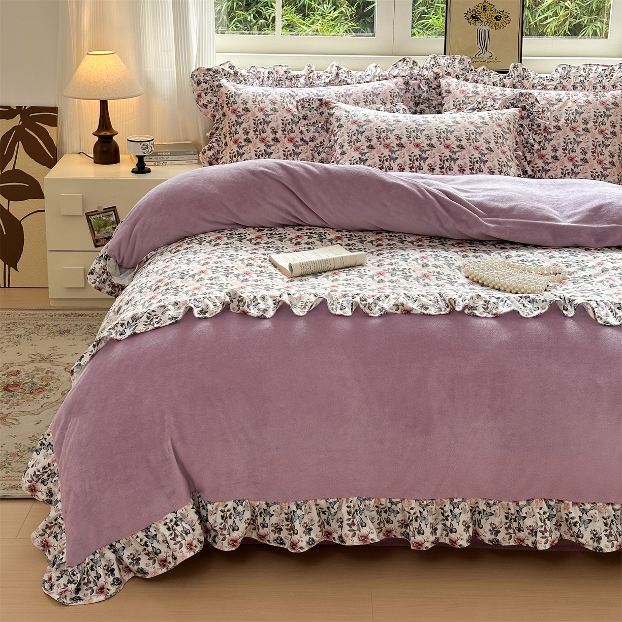 91家纺网 家纺一手货源 找家纺 （总）兰紫橙家纺 2025新款印花花边款牛奶绒宝宝绒四件套