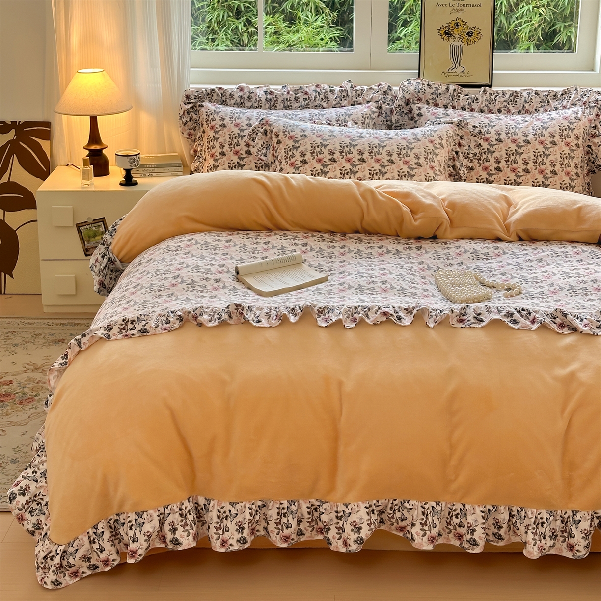 兰紫橙家纺 2025新款印花蝴蝶花边款牛奶绒四件套 花边款-雏菊黄