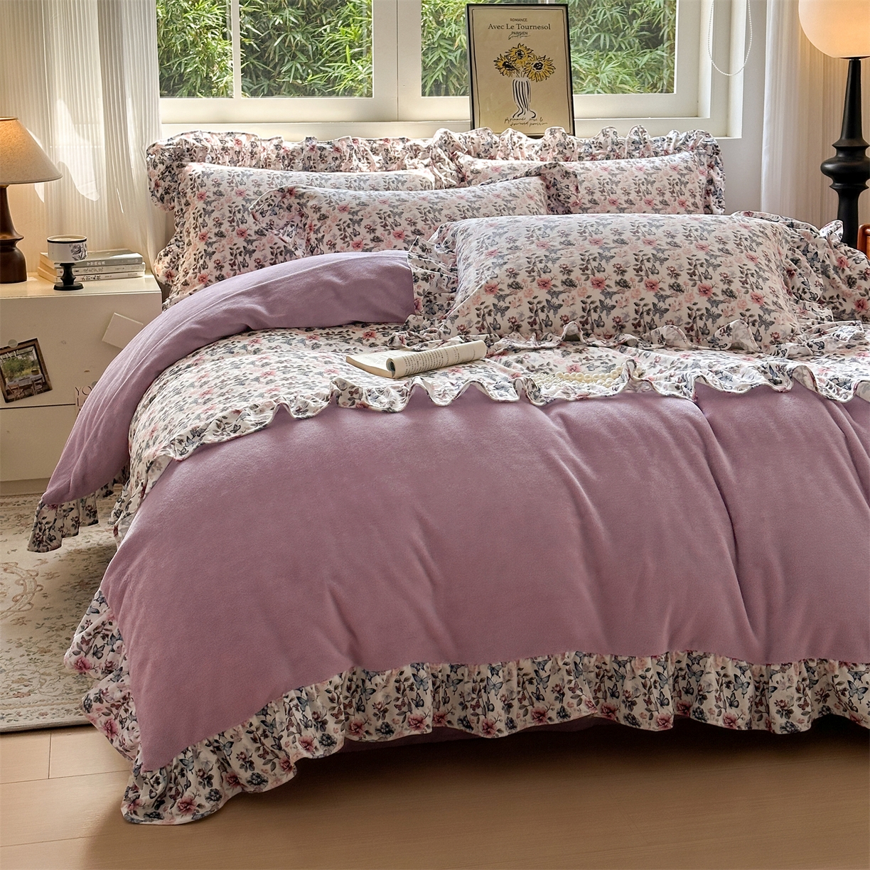 91家纺网 家纺一手货源 找家纺 兰紫橙家纺 2025新款印花蝴蝶花边款牛奶绒四件套 花边款-罗兰紫