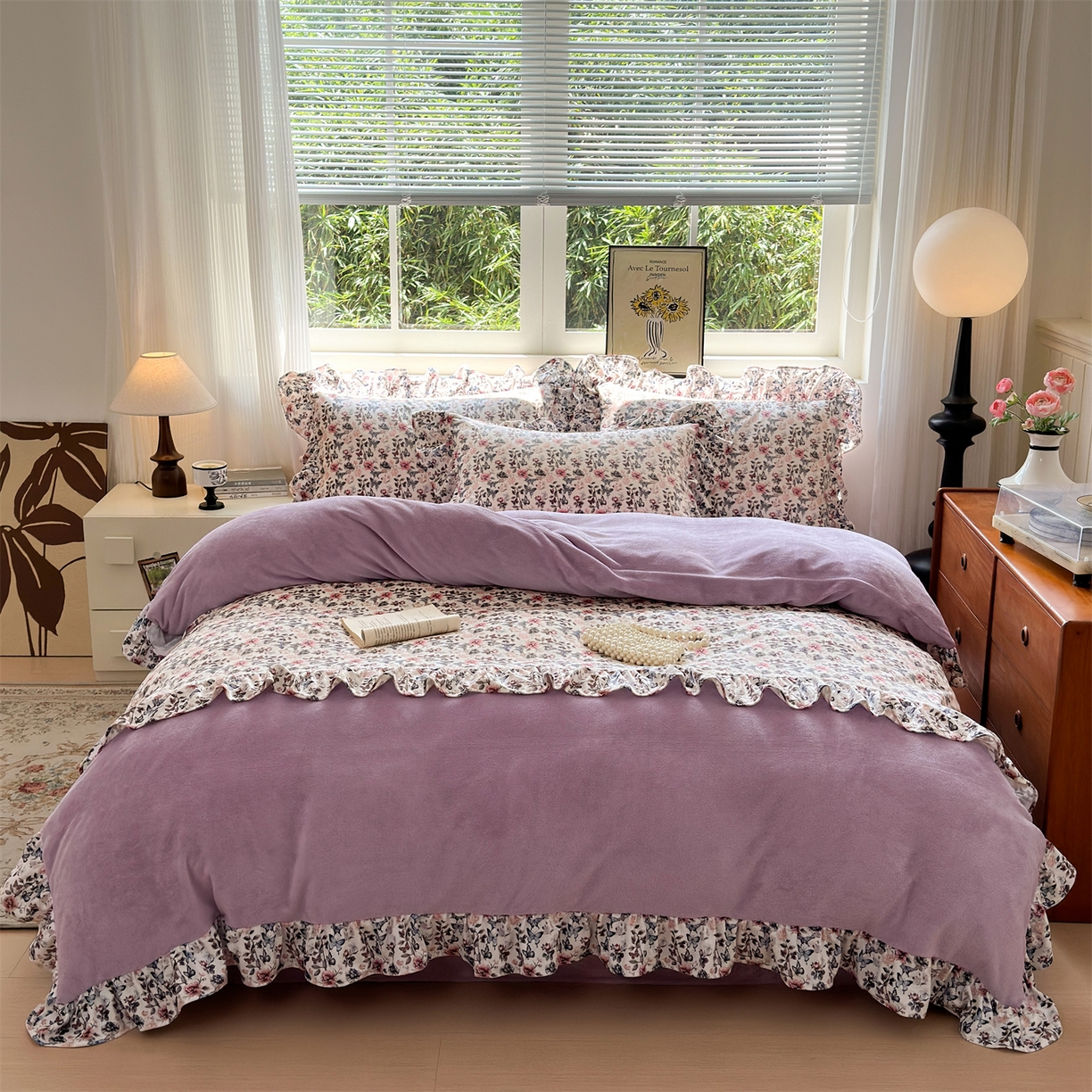 91家纺网 家纺一手货源 找家纺 兰紫橙家纺 2025新款印花蝴蝶花边款牛奶绒四件套 花边款-罗兰紫