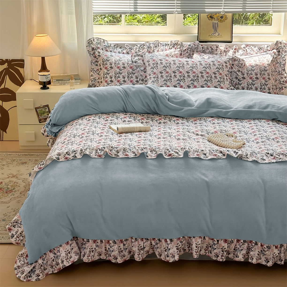 91家纺网 家纺一手货源 找家纺 （总）兰紫橙家纺 2025新款印花花边款牛奶绒宝宝绒四件套