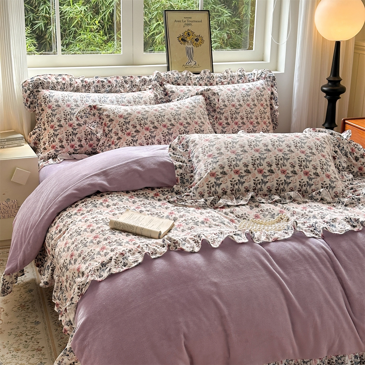 91家纺网 家纺一手货源 找家纺 兰紫橙家纺 2025新款印花蝴蝶花边款牛奶绒四件套 花边款-罗兰紫