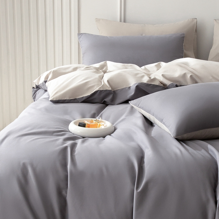 91家纺网 家纺一手货源 找家纺 ONE TWO ONE 121 2025新款A类高支高密长绒棉双拼磨毛（小cr ）撞色四件套 高级灰白灰