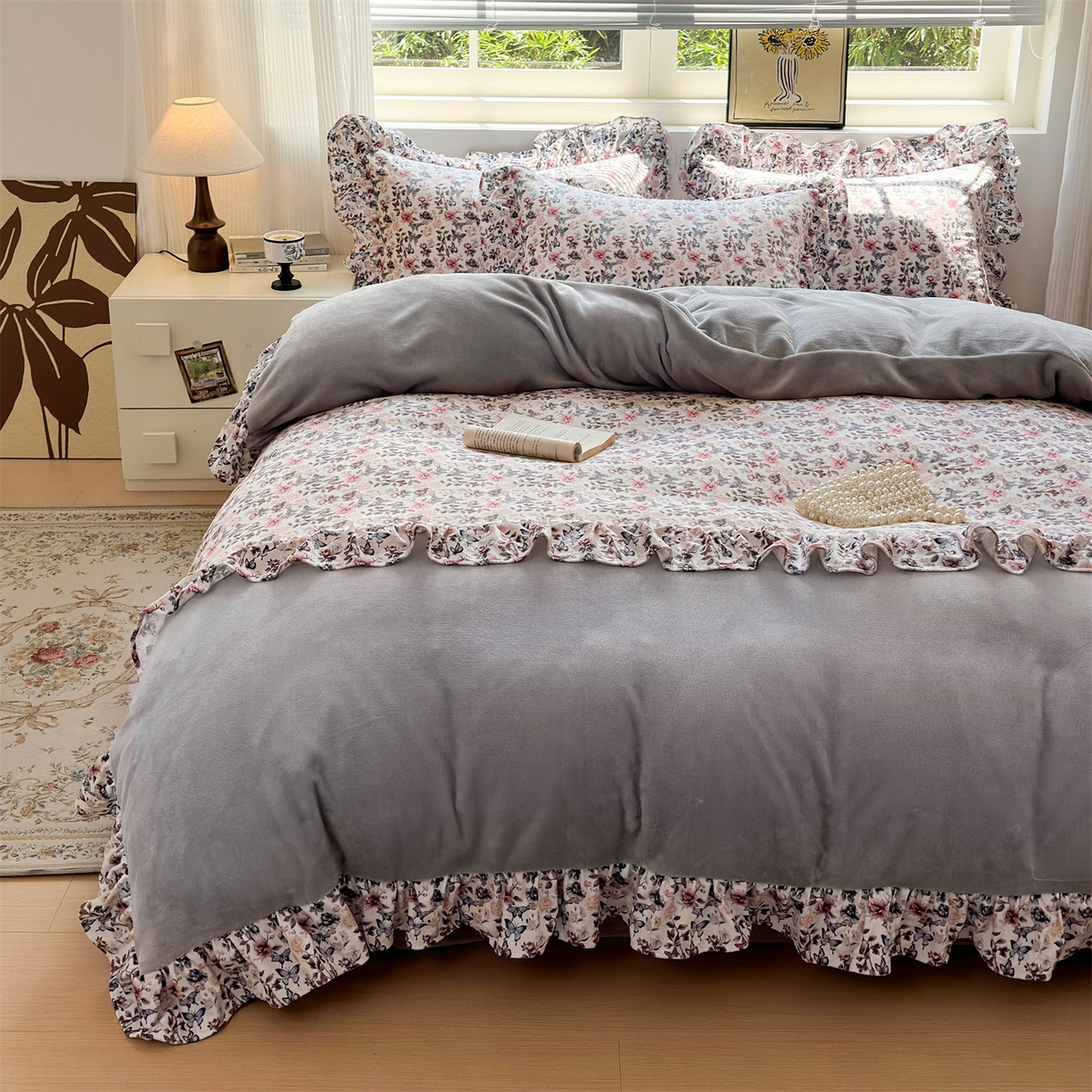 91家纺网 家纺一手货源 找家纺 （总）兰紫橙家纺 2025新款印花花边款牛奶绒宝宝绒四件套