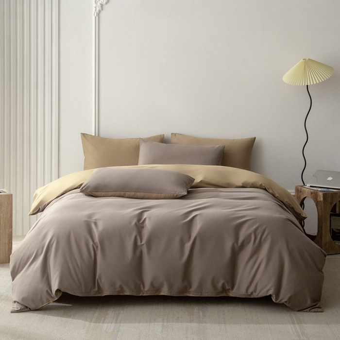 91家纺网 家纺一手货源 找家纺 ONE TWO ONE 121 2025新款A类高支高密长绒棉双拼磨毛（小cr ）撞色四件套 暗咖浅卡其