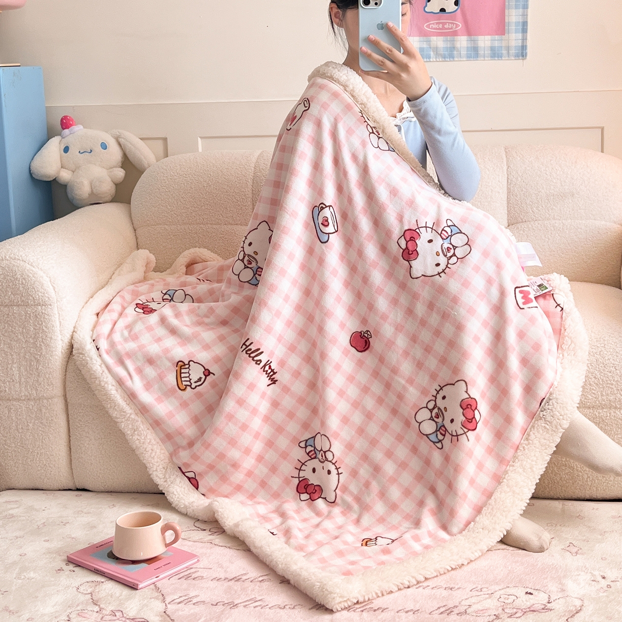 金爱家 2025新款A类三丽鸥正版授权少女可爱卡通加厚牛奶绒羊羔绒毛毯多功能四季毛毯毯子 绒毛毯-MT三丽鸥粉格牛奶KT