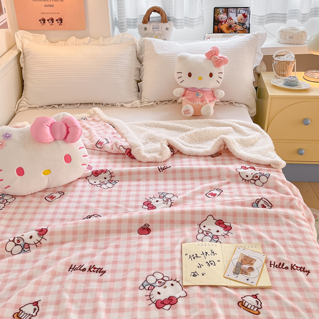 91家纺网 家纺一手货源 找家纺 金爱家 2025新款A类三丽鸥正版授权少女可爱卡通加厚牛奶绒羊羔绒毛毯多功能四季毛毯毯子 绒毛毯-MT三丽鸥粉格牛奶KT