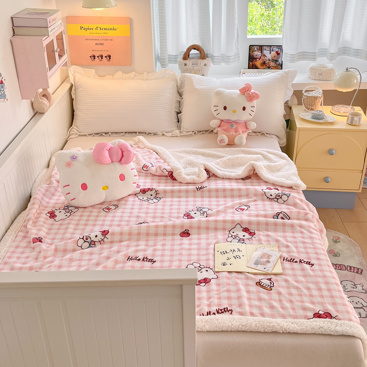 91家纺网 家纺一手货源 找家纺 金爱家 2025新款A类三丽鸥正版授权少女可爱卡通加厚牛奶绒羊羔绒毛毯多功能四季毛毯毯子 绒毛毯-MT三丽鸥粉格牛奶KT