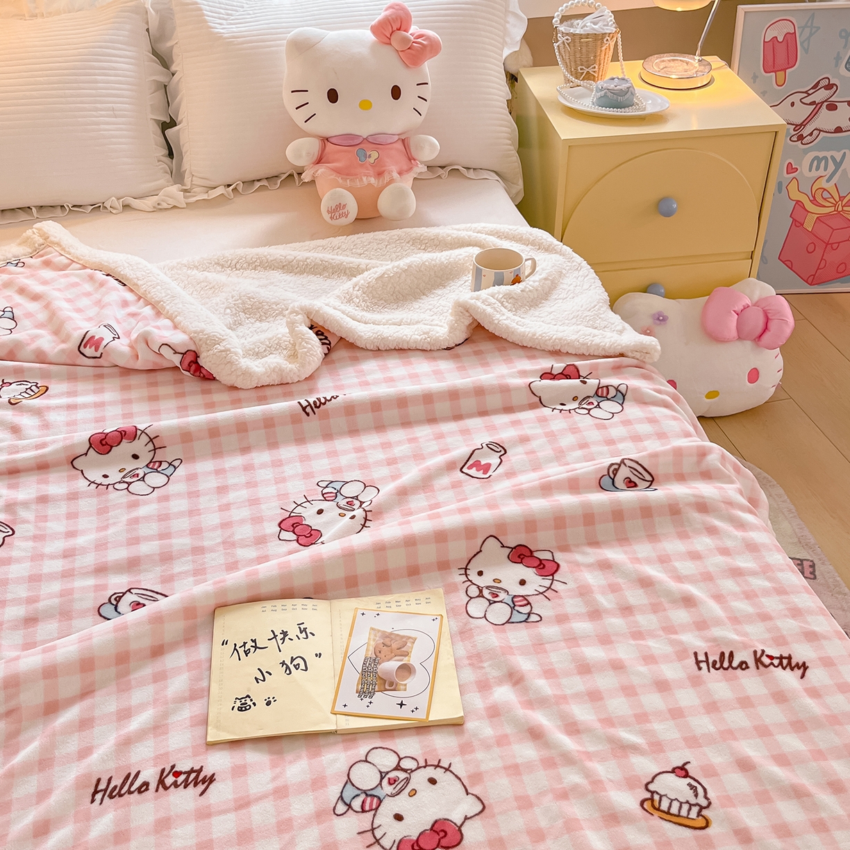 91家纺网 家纺一手货源 找家纺 金爱家 2025新款A类三丽鸥正版授权少女可爱卡通加厚牛奶绒羊羔绒毛毯多功能四季毛毯毯子 绒毛毯-MT三丽鸥粉格牛奶KT
