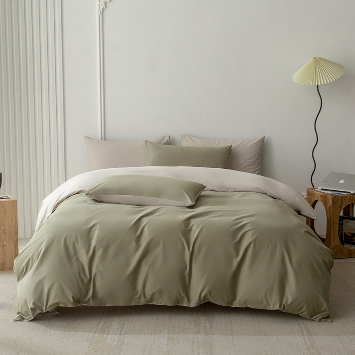 91家纺网 家纺一手货源 找家纺 ONE TWO ONE 121 2025新款A类高支高密长绒棉双拼磨毛（小cr ）撞色四件套 复古绿白灰