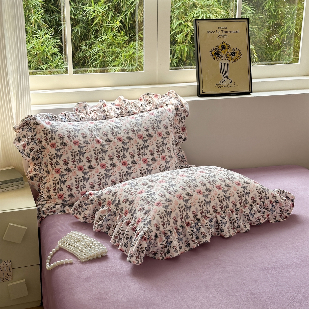 91家纺网 家纺一手货源 找家纺 兰紫橙家纺 2025新款印花蝴蝶花边款牛奶绒四件套 花边款-罗兰紫