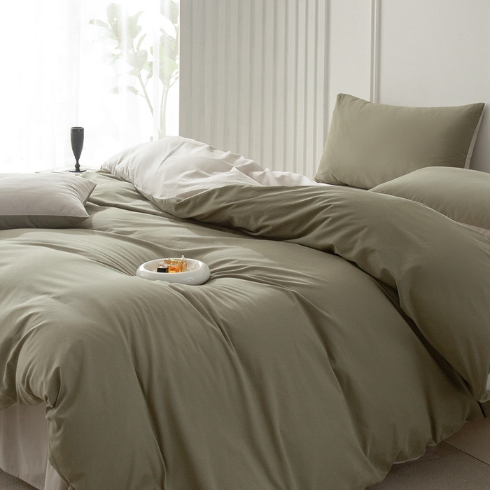 91家纺网 家纺一手货源 找家纺 ONE TWO ONE 121 2025新款A类高支高密长绒棉双拼磨毛（小cr ）撞色四件套 复古绿白灰