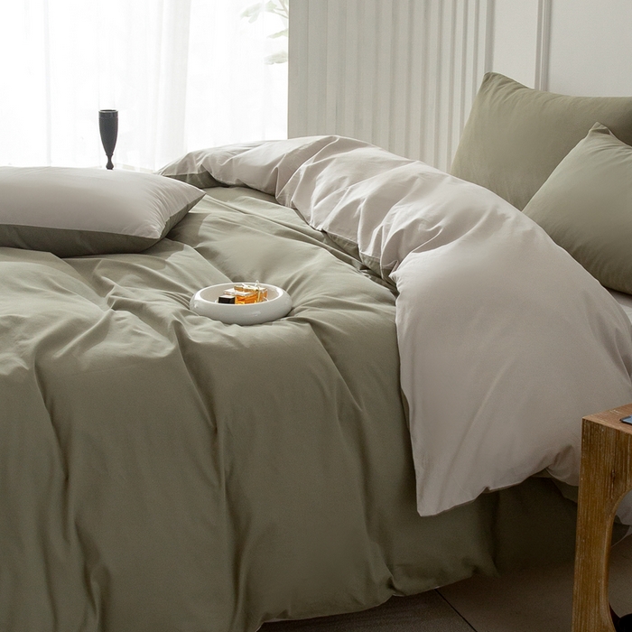 91家纺网 家纺一手货源 找家纺 ONE TWO ONE 121 2025新款A类高支高密长绒棉双拼磨毛（小cr ）撞色四件套 复古绿白灰