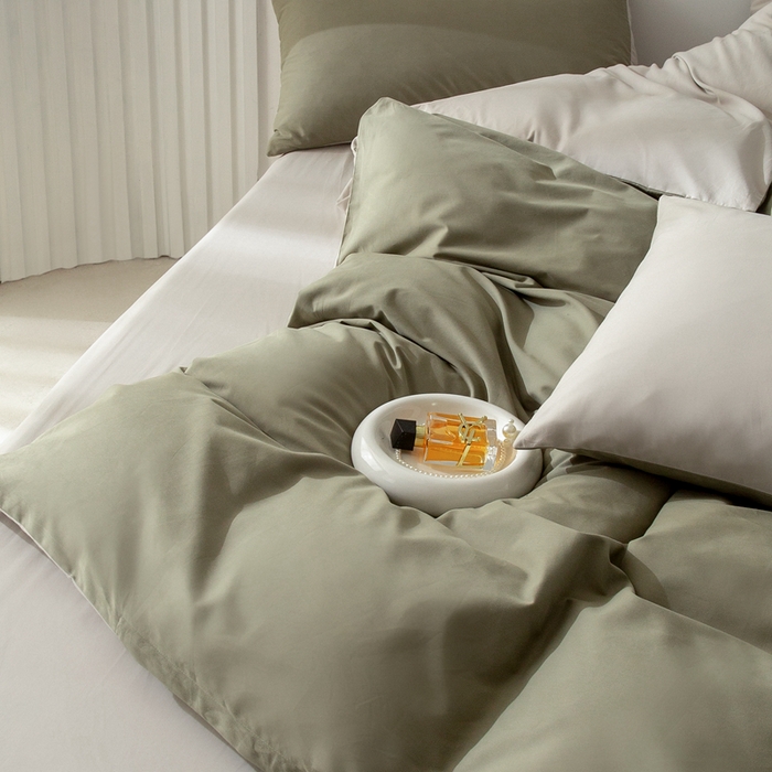 91家纺网 家纺一手货源 找家纺 ONE TWO ONE 121 2025新款A类高支高密长绒棉双拼磨毛（小cr ）撞色四件套 复古绿白灰