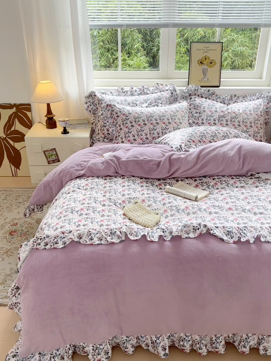 91家纺网 家纺一手货源 找家纺 兰紫橙家纺 2025新款印花蝴蝶花边款牛奶绒四件套 花边款-罗兰紫