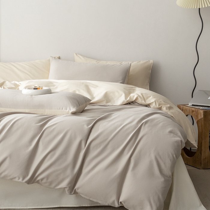 ONE TWO ONE 121 2025新款A类高支高密长绒棉双拼磨毛（小cr ）撞色四件套 奶灰拼奶玉