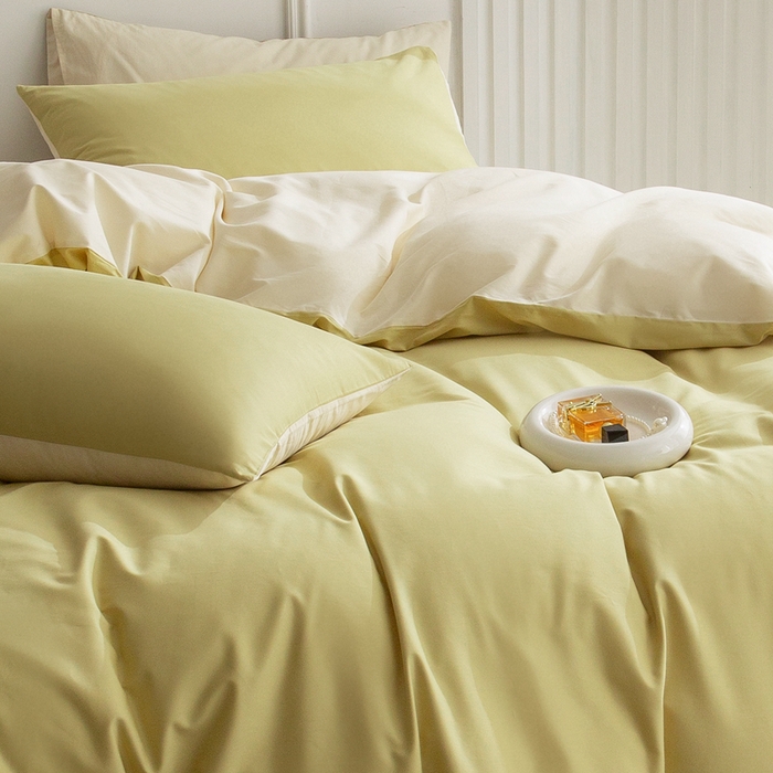 91家纺网 家纺一手货源 找家纺 ONE TWO ONE 121 2025新款A类高支高密长绒棉双拼磨毛（小cr ）撞色四件套 青提拼奶玉