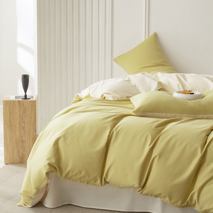 91家纺网 家纺一手货源 找家纺 ONE TWO ONE 121 2025新款A类高支高密长绒棉双拼磨毛（小cr ）撞色四件套 青提拼奶玉