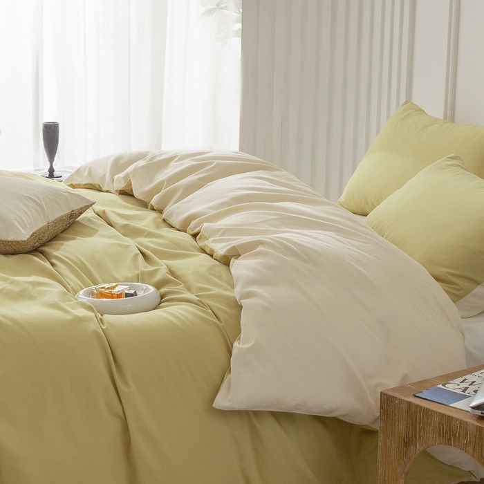 91家纺网 家纺一手货源 找家纺 ONE TWO ONE 121 2025新款A类高支高密长绒棉双拼磨毛（小cr ）撞色四件套 青提拼奶玉