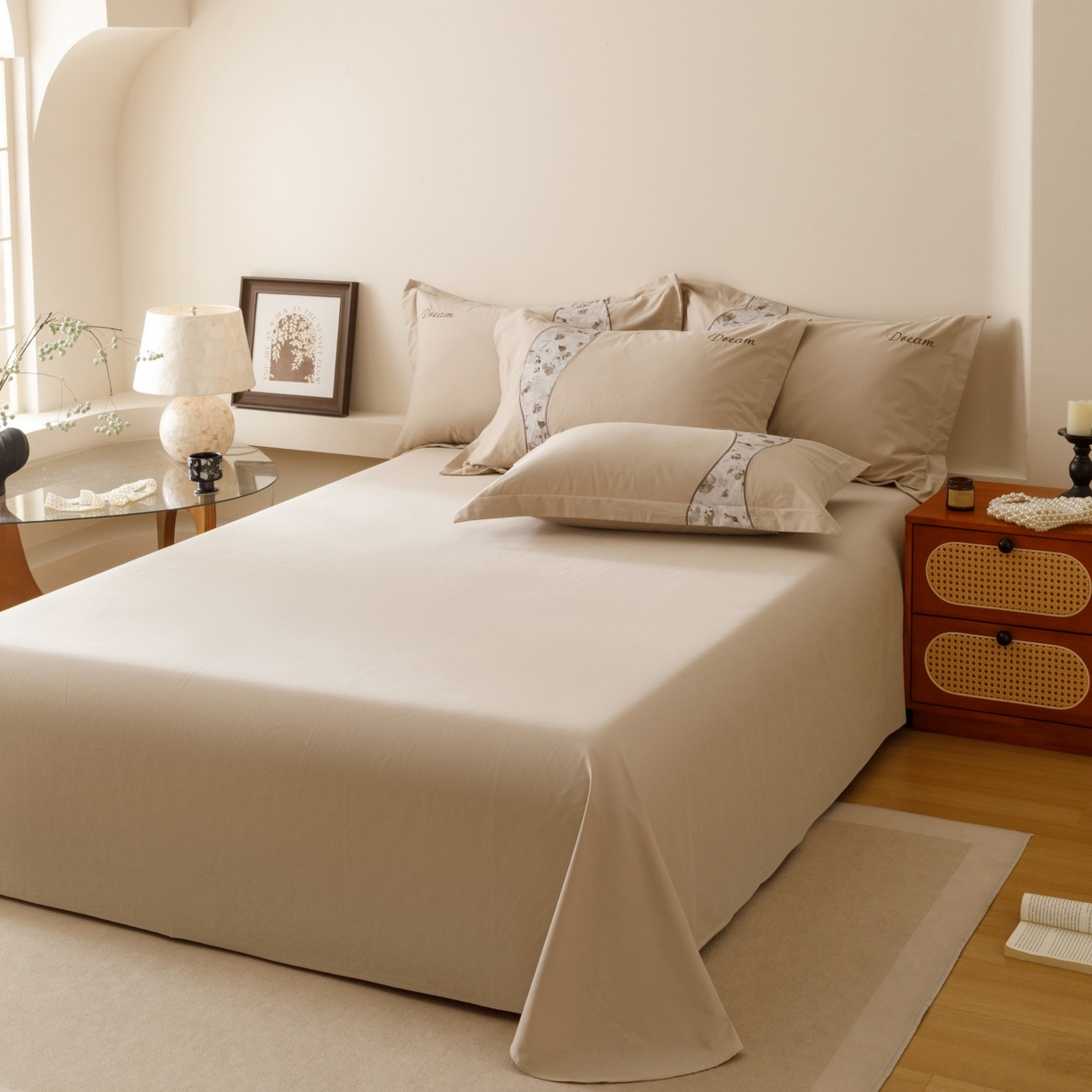 91家纺网 家纺一手货源 找家纺 艾莱家纺 2025新款A类新疆长绒棉纯棉加厚柔顺磨毛四件套-花语 花语-暖杏