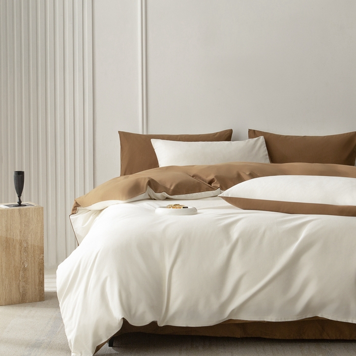 91家纺网 家纺一手货源 找家纺 ONE TWO ONE 121 2025新款A类高支高密长绒棉双拼磨毛（小cr ）撞色四件套 信白金咖