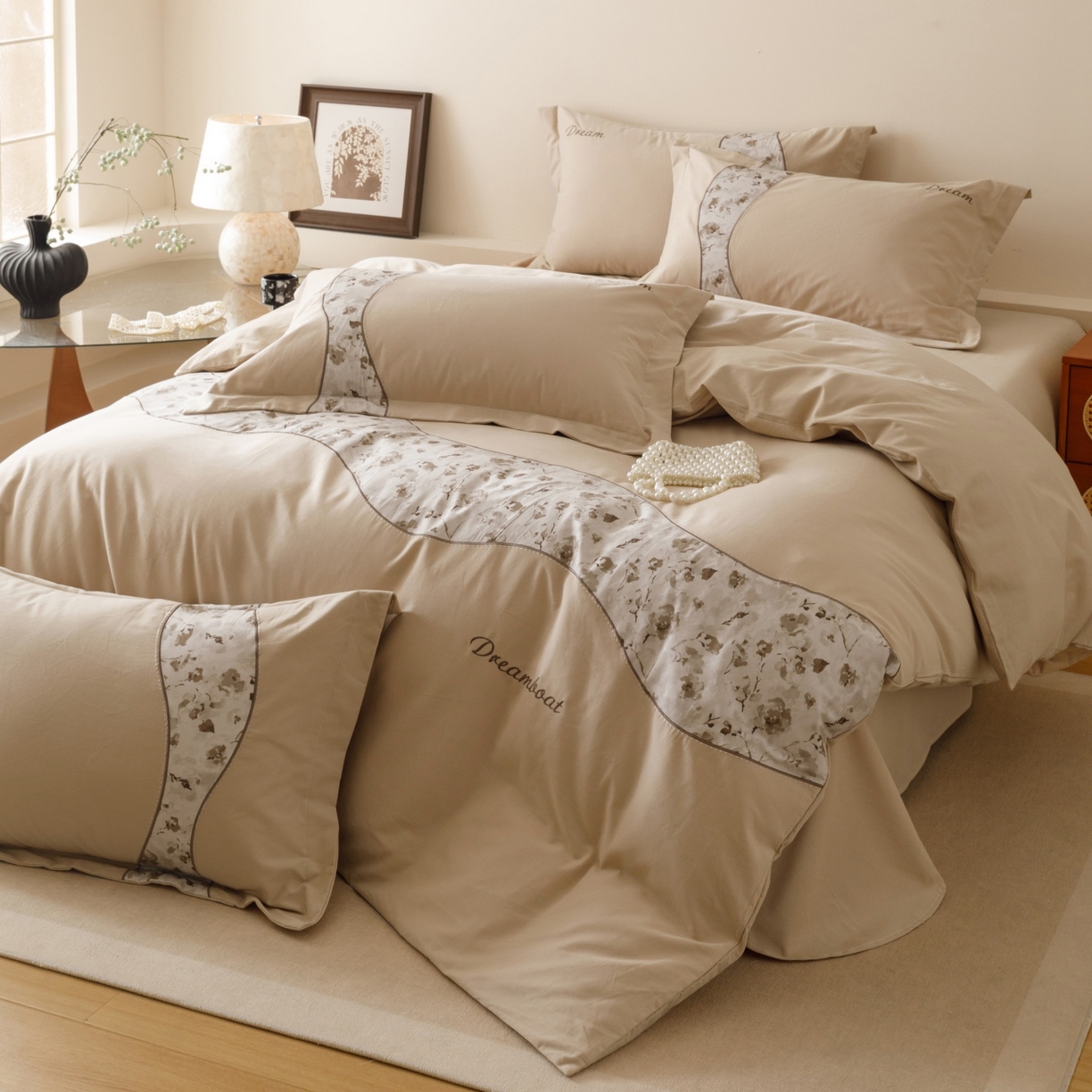 91家纺网 家纺一手货源 找家纺 艾莱家纺 2025新款A类新疆长绒棉纯棉加厚柔顺磨毛四件套-花语 花语-暖杏