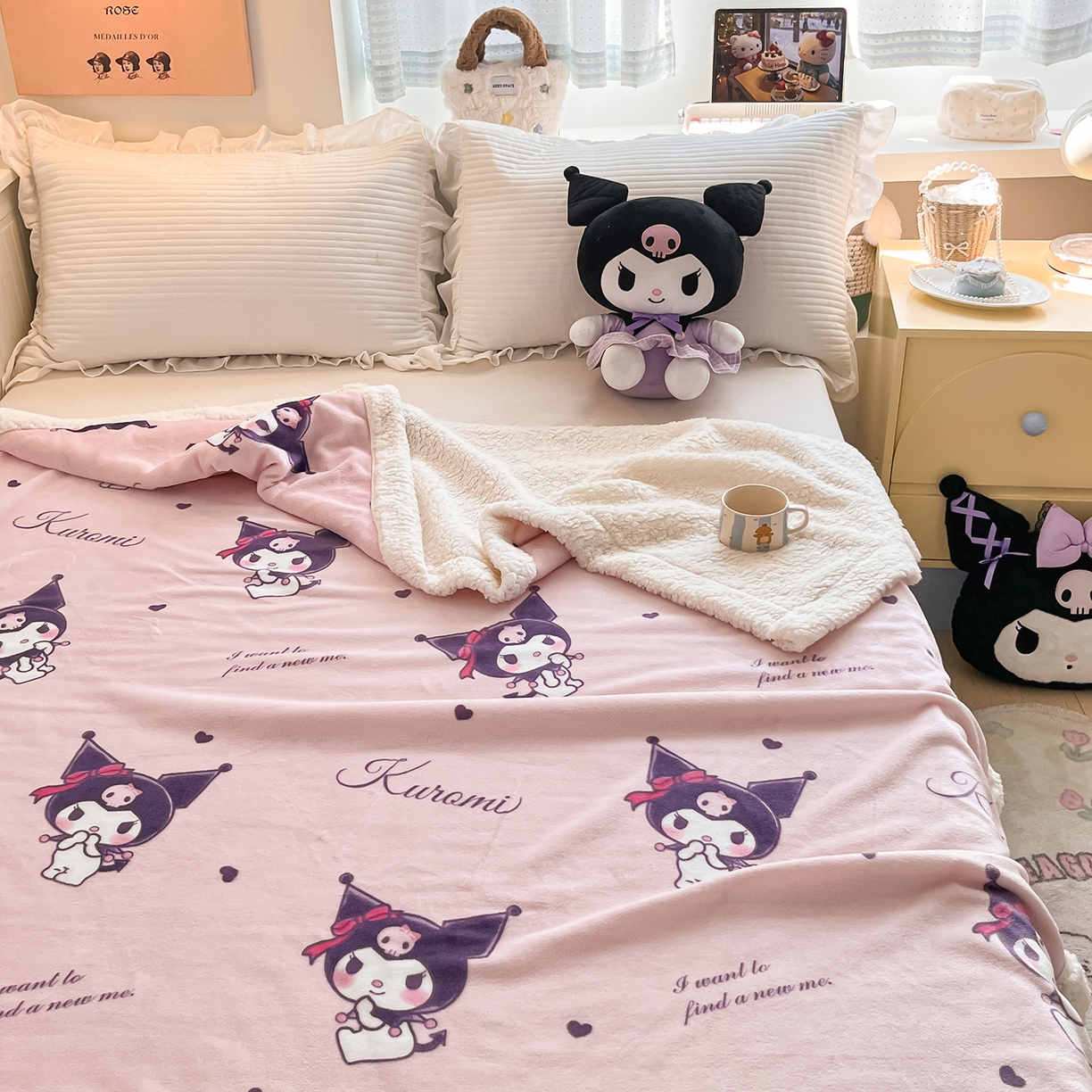 91家纺网 家纺一手货源 找家纺 金爱家 2025新款A类三丽鸥正版授权少女可爱卡通加厚牛奶绒羊羔绒毛毯多功能四季毛毯毯子 绒毛毯-MT三丽鸥粉梦库洛米