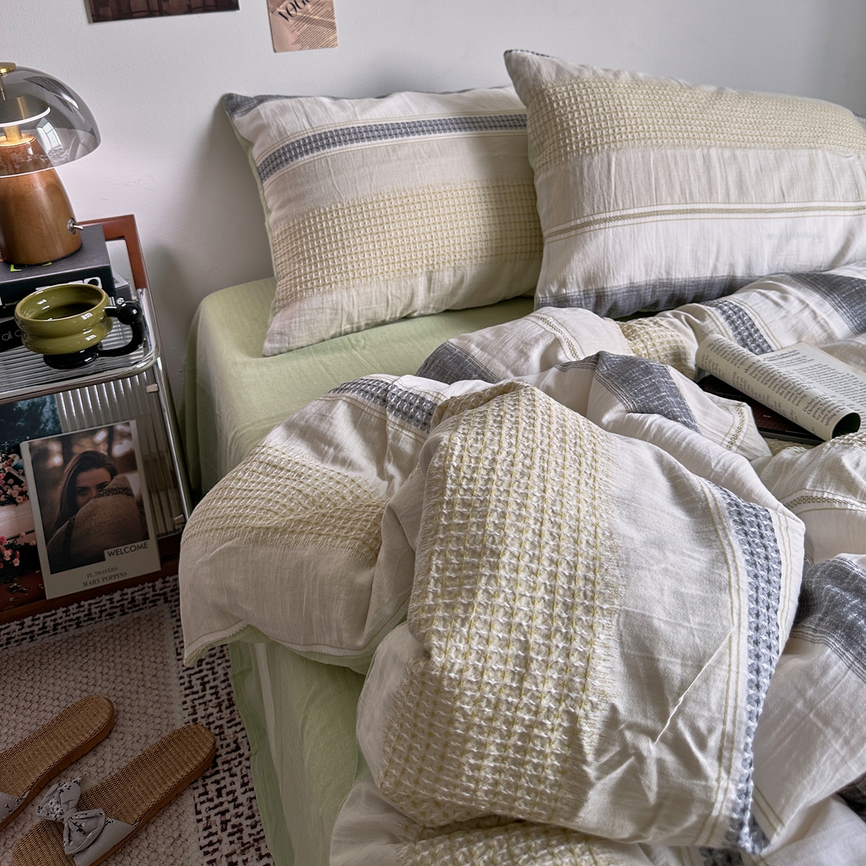 91家纺网 家纺一手货源 找家纺 艾咪-Amy ntmy 2025新款全棉色织小提花四件套-絮语      透明PE袋(如需手提无纺布包+5元) 絮语-绿