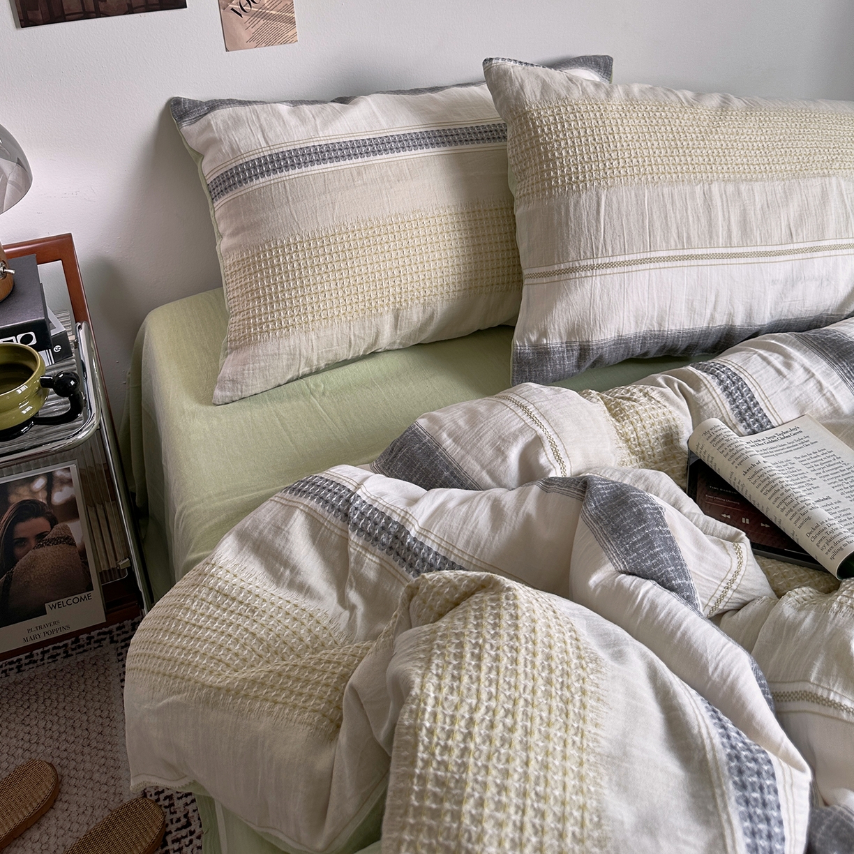 91家纺网 家纺一手货源 找家纺 艾咪-Amy ntmy 2025新款全棉色织小提花四件套-絮语      透明PE袋(如需手提无纺布包+5元) 絮语-绿