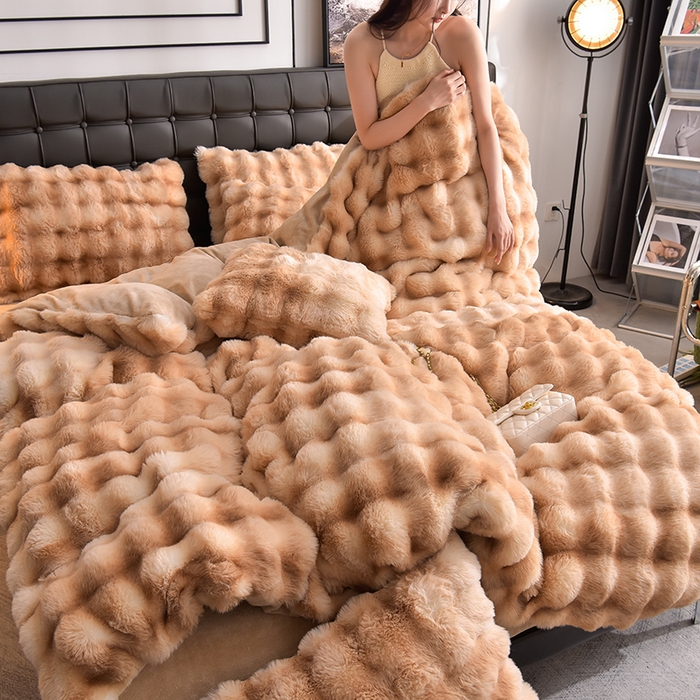 91家纺网 家纺一手货源 找家纺 同田家纺 2023直播热款牛奶绒兔毛四件套兔兔绒牛奶绒四件套 七彩咖-牛奶绒泡泡印花咖