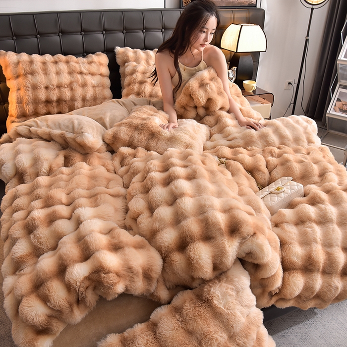 91家纺网 家纺一手货源 找家纺 同田家纺 2023直播热款牛奶绒兔毛四件套兔兔绒牛奶绒四件套 七彩咖-牛奶绒泡泡印花咖