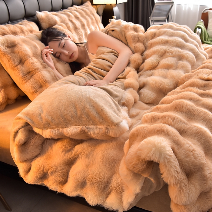 91家纺网 家纺一手货源 找家纺 同田家纺 2023直播热款牛奶绒兔毛四件套兔兔绒牛奶绒四件套 七彩咖-牛奶绒泡泡印花咖