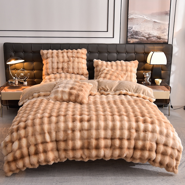 91家纺网 家纺一手货源 找家纺 同田家纺 2023直播热款牛奶绒兔毛四件套兔兔绒牛奶绒四件套 七彩咖-牛奶绒泡泡印花咖