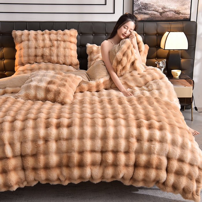 91家纺网 家纺一手货源 找家纺 同田家纺 2023直播热款牛奶绒兔毛四件套兔兔绒牛奶绒四件套 七彩咖-牛奶绒泡泡印花咖