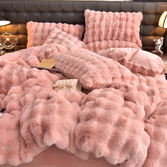 同田家纺 2023直播热款牛奶绒兔毛四件套兔兔绒牛奶绒四件套轻奢豆沙-牛奶绒泡泡豆沙