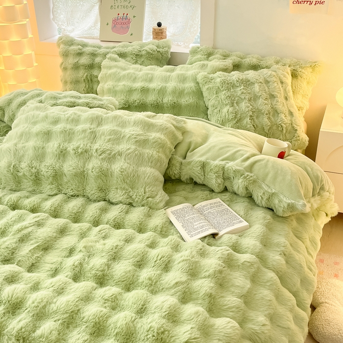 91家纺网 家纺一手货源 找家纺 同田家纺 2023直播热款牛奶绒兔毛四件套兔兔绒牛奶绒四件套轻奢绿-牛奶绒泡泡纯绿