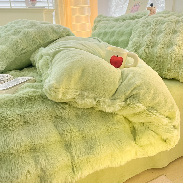 91家纺网 家纺一手货源 找家纺 同田家纺 2023直播热款牛奶绒兔毛四件套兔兔绒牛奶绒四件套轻奢绿-牛奶绒泡泡纯绿