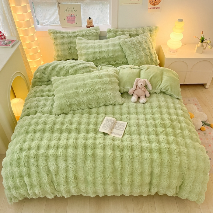 91家纺网 家纺一手货源 找家纺 同田家纺 2023直播热款牛奶绒兔毛四件套兔兔绒牛奶绒四件套轻奢绿-牛奶绒泡泡纯绿