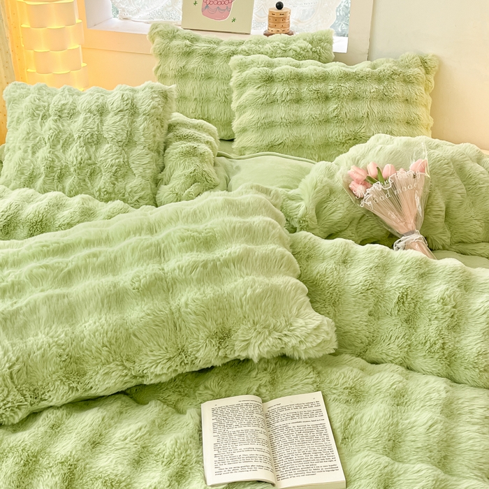 91家纺网 家纺一手货源 找家纺 同田家纺 2023直播热款牛奶绒兔毛四件套兔兔绒牛奶绒四件套轻奢绿-牛奶绒泡泡纯绿