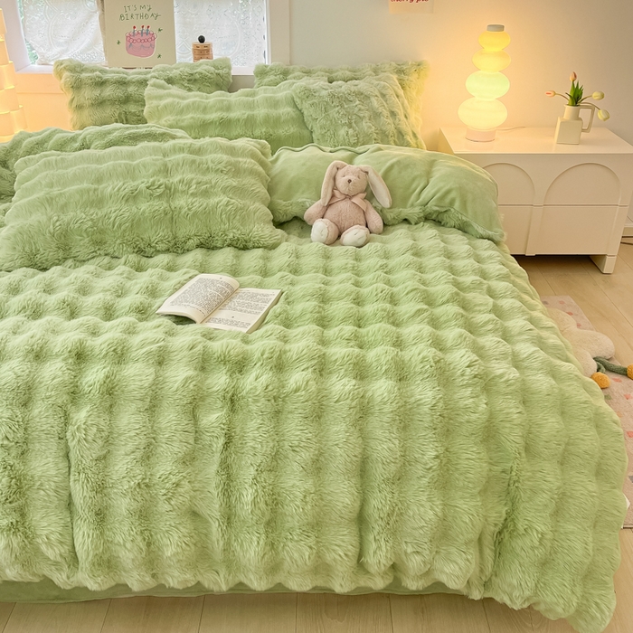 91家纺网 家纺一手货源 找家纺 同田家纺 2023直播热款牛奶绒兔毛四件套兔兔绒牛奶绒四件套轻奢绿-牛奶绒泡泡纯绿