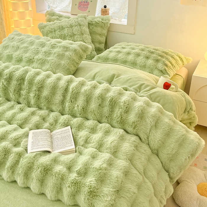 91家纺网 家纺一手货源 找家纺 同田家纺 2023直播热款牛奶绒兔毛四件套兔兔绒牛奶绒四件套轻奢绿-牛奶绒泡泡纯绿