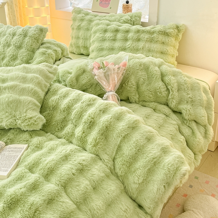 91家纺网 家纺一手货源 找家纺 同田家纺 2023直播热款牛奶绒兔毛四件套兔兔绒牛奶绒四件套轻奢绿-牛奶绒泡泡纯绿