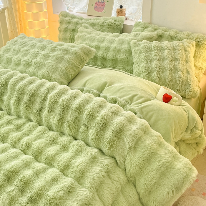 91家纺网 家纺一手货源 找家纺 同田家纺 2023直播热款牛奶绒兔毛四件套兔兔绒牛奶绒四件套轻奢绿-牛奶绒泡泡纯绿