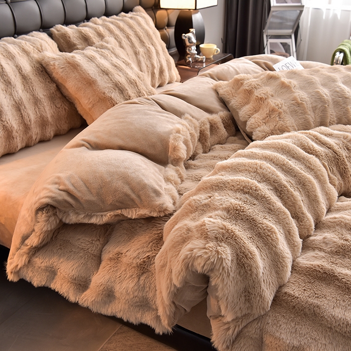 91家纺网 家纺一手货源 找家纺 同田家纺 2023直播热款牛奶绒兔毛四件套兔兔绒牛奶绒四件套 轻奢咖-牛奶绒泡泡纯咖