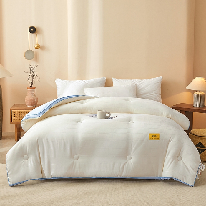 91家纺网 家纺一手货源 找家纺 晚悠家纺 2025新款A类抗菌控温保暖大豆被5.0被子被芯春秋冬被夏被爆款 奶白蓝