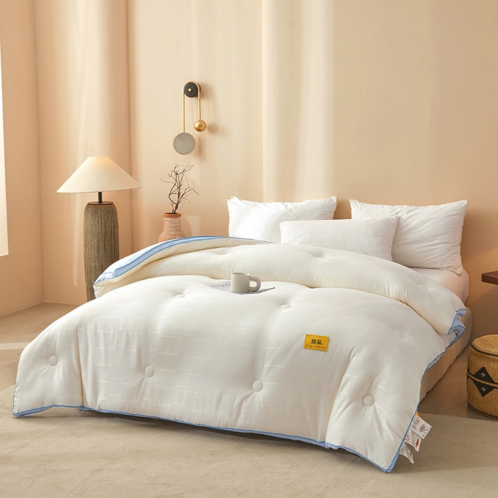 91家纺网 家纺一手货源 找家纺 晚悠家纺 2025新款A类抗菌控温保暖大豆被5.0被子被芯春秋冬被夏被爆款 奶白蓝