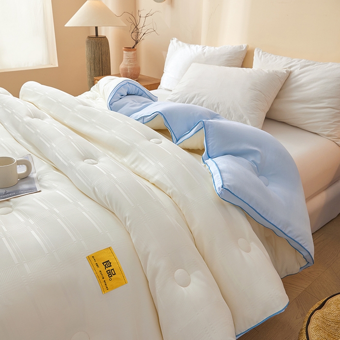 91家纺网 家纺一手货源 找家纺 晚悠家纺 2025新款A类抗菌控温保暖大豆被5.0被子被芯春秋冬被夏被爆款 奶白蓝
