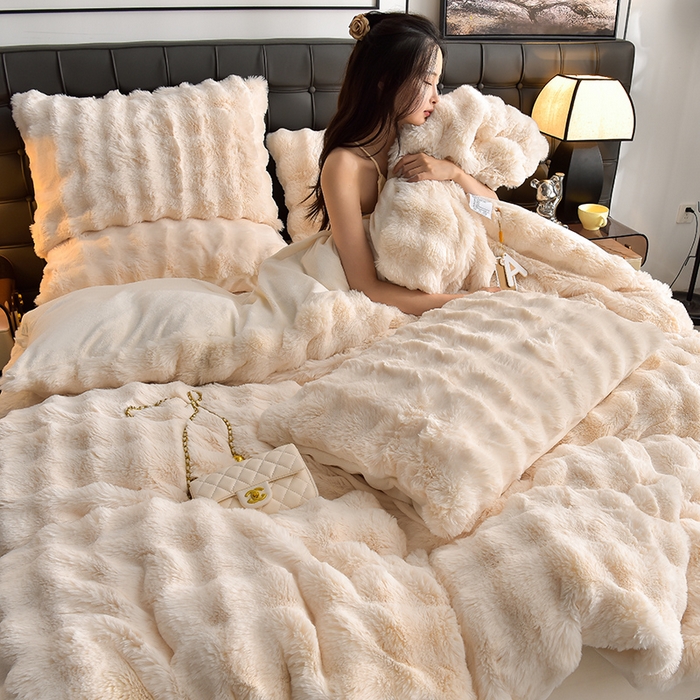 91家纺网 家纺一手货源 找家纺 同田家纺 2023直播热款牛奶绒兔毛四件套兔兔绒牛奶绒四件套轻奢白-牛奶绒泡泡纯白