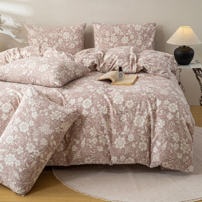 91家纺网 家纺一手货源 找家纺 （总）七里香 2025秋冬新品A类加厚高克重原麻复古风亚麻皱皱纱印花四件套